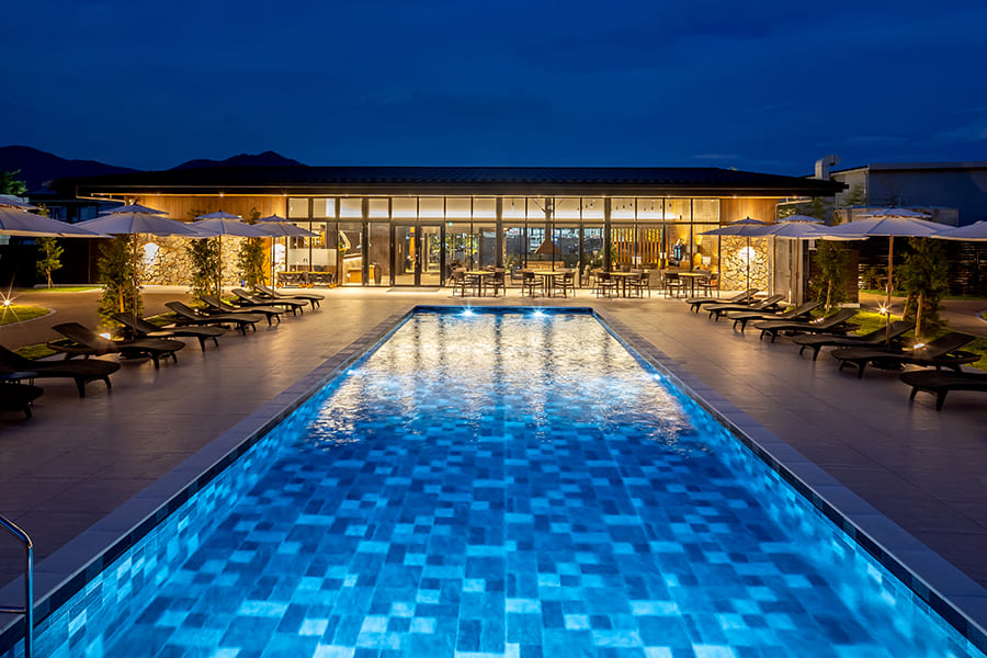 Outdoor living room with private pool